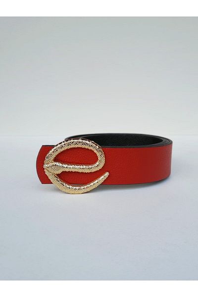 Kemerix Women's Red Belt Gold Buckle with Snake Buckle