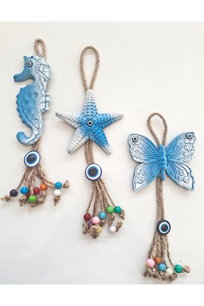 AKIN AKSESUAR HEDİYELİK 3'Lü Deniz Atı Yıldız Kelebek Nazar Boncuklu Jüt İpli Teras Bahçe Balkon Yazlık Duvar Süsü Seti
