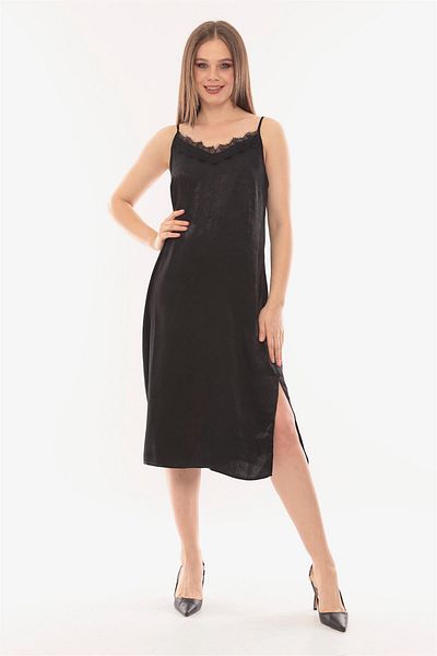 MAMAYAGA Women's Strappy Slit Detail Back Tie Black Satin Sports Stylish Curve Dress