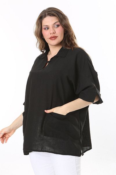 Şans Plus Size Black Tunic - Shirt Collar, Relaxed Fit 65N37975