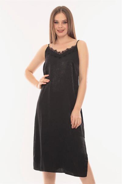MAMAYAGA Women's Strappy Slit Detail Back Tie Black Satin Sports Stylish Curve Dress