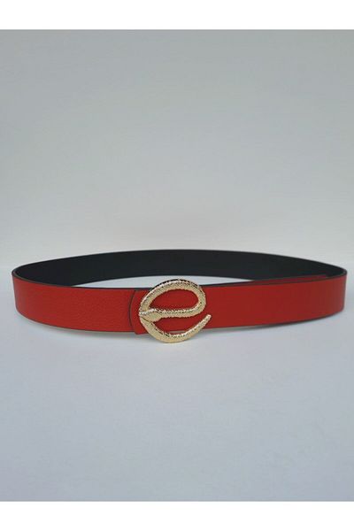 Kemerix Women's Red Belt Gold Buckle with Snake Buckle