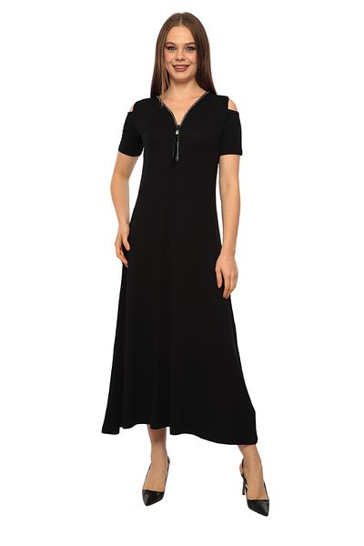 MAMAYAGA Rochie de damă, cu rever, cu fermoar, sport, elegantă, lungime maxi, viscoză, neagră