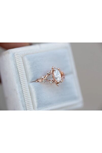passion silver Beyaz Oval Taşlı 14 Ayar Rose Altın Kaplama Kadın Yüzük
