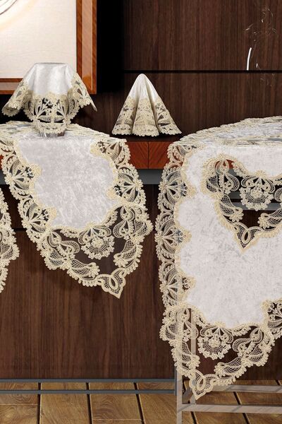 scarlet home collection Neli Kadife Salon Takımı 5 Parça - Krem Gold