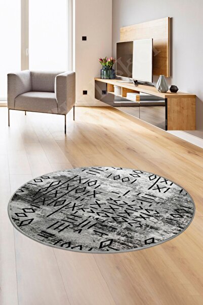 Dijidekor سجادة مستديرة فاخرة بقاعدة جلدية باللون الرمادي الإسكندنافي بدون حو...
