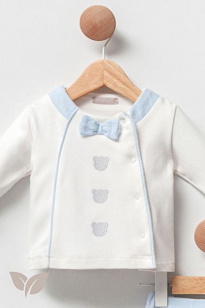 Cassiope Mini Prince 2-Piece Set - 100% Cotton, Bow Tie Detail, Teddy Bear Embroidered Baby Boy 2-3-6 Months Blue