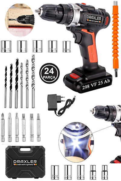 Pro Draxler Germany 298Vf 25Ah Metal Şanzuman Darbeli Şarjlı Matkap Seti Çift...