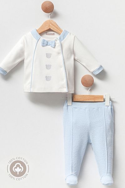 Cassiope Mini Prince 2-Piece Set - 100% Cotton, Bow Tie Detail, Teddy Bear Embroidered Baby Boy 2-3-6 Months Blue