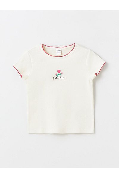 LC Waikiki LCW Baby - طقم بلوزة وطماق بطبعة زهور للفتيات الصغيرات مكون من قطعتين، رقبة دائرية، كم قصير