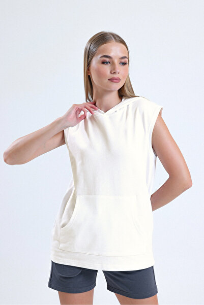 pulur.co 100% Cotton Cream Sleeveless Hooded Sports Tank Top