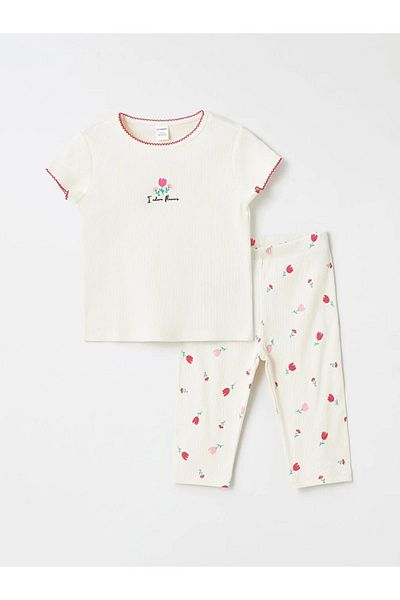 LC Waikiki LCW Baby - طقم بلوزة وطماق بطبعة زهور للفتيات الصغيرات مكون من قطعتين، رقبة دائرية، كم قصير