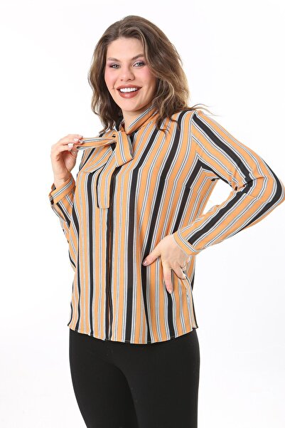 Şans Κίτρινη ριγέ - Μπλούζα μεγάλου μεγέθους με γραβάτα κασκόλ 65N38018