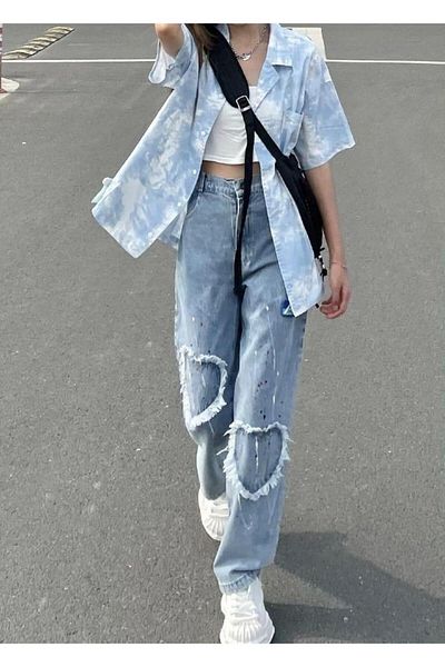 Touz Moda Y2K Heart Detail Jeans Blue Trousers