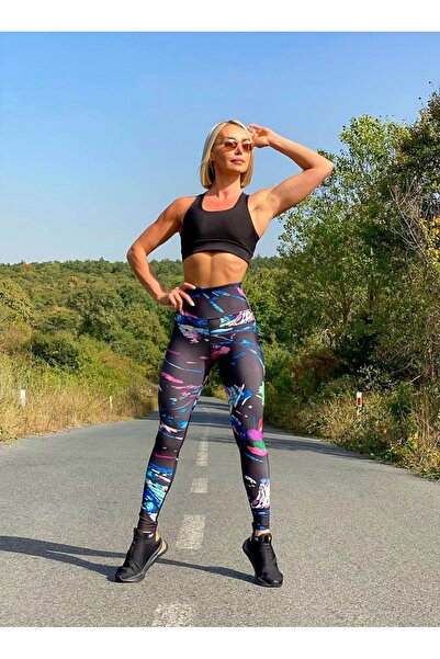 lismina Siyah Üzerine Renkli Desenli Ekstra Yüksek Bel Toparlayıcı Tayt