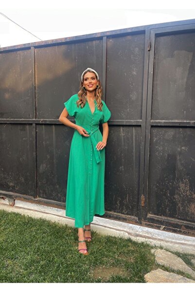 Tommes Butik Polo Neck Buttoned Long Linen Women's Dress - Green