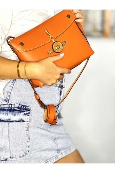 Tuvita Collection Bodrum % 100 Hakiki Deri Düğme Kapamalı Kadın Turuncu Kol Ç...