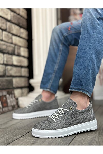 Generic Brand Lace-Up Thick White Sole Gray Melted Linen Men's Shoes Ekz257Mr21