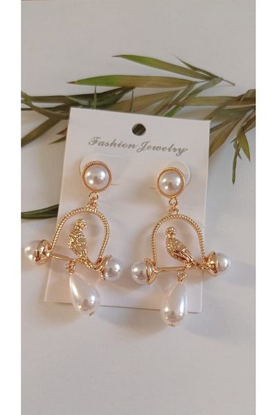 Feride Vintage Porcelain Pearl Bird Detailed Steel Earrings - Antallergenic Tarnish-Free Color Anti-Throw Earrings