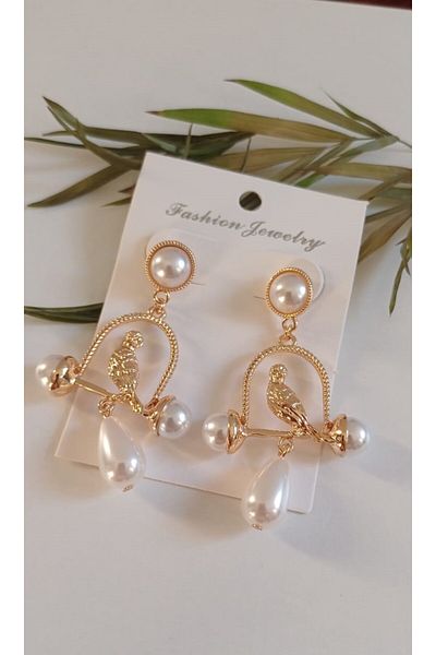 Feride Vintage Porcelain Pearl Bird Detailed Steel Earrings - Antallergenic Tarnish-Free Color Anti-Throw Earrings