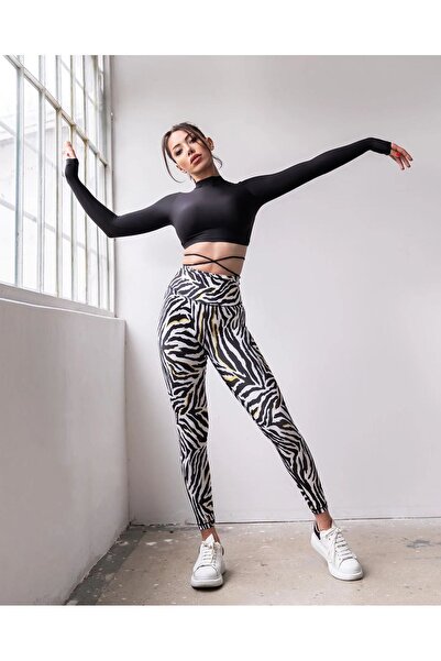 lismina Sarı Varaklı Zebra Desen Ekstra Yüksek Bel Toparlayıcı Tayt