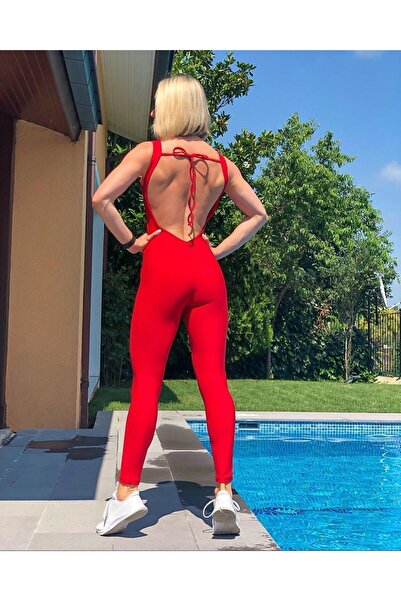 lismina Kırmızı Derin Sırt Dekolteli Spor Tayt Tulum