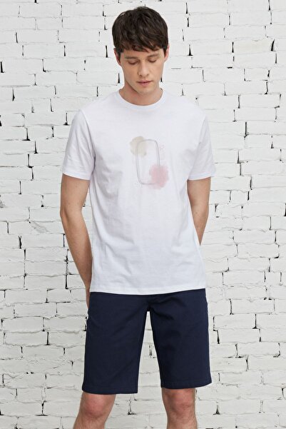ALTINYILDIZ CLASSICS Men's White Slim Fit Narrow Cut Crew Neck 100% Cotton Front Printed T-Shirt