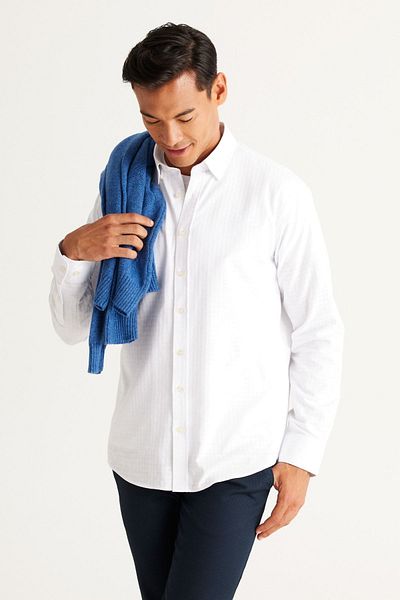 AC&Co / Altınyıldız Classics Men's White Comfort Fit Relaxed Cut Hidden Button Collar 100% Cotton Checked Shirt