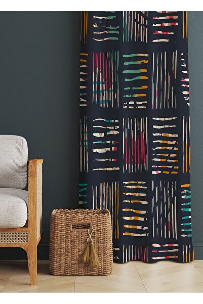 ALAMODECOR Lacivert Ve Çok Renkli Çizgili Geometrik Etnik Desenli Baskılı Fon...