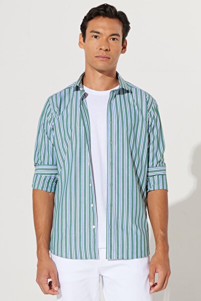 AC&Co / Altınyıldız Classics Men's Green-Navy Slim Fit Slim Fit Small Italian Collar 100% Cotton Striped Shirt