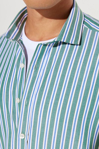 AC&Co / Altınyıldız Classics Men's Green-Navy Slim Fit Slim Fit Small Italian Collar 100% Cotton Striped Shirt