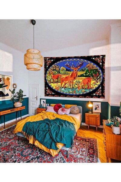 ALAMODECOR Doğa Tasvirli Geyik Motifli Etnik Model Duvar Halısı | Duvar Örtüsü | Tapestry