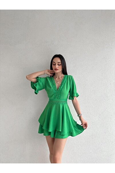 MİSSCİXFASHİON Kadın Abiye Tulum Güpür Detaylı Derin V Yakalı Sırt Dekolteli ...