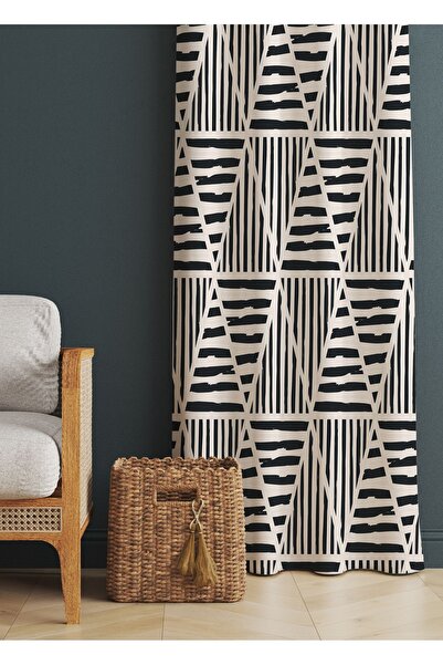 ALAMODECOR Krem Siyah Çizgili Geometrik Etnik Desenli Baskılı Fon Perde (TEK ...