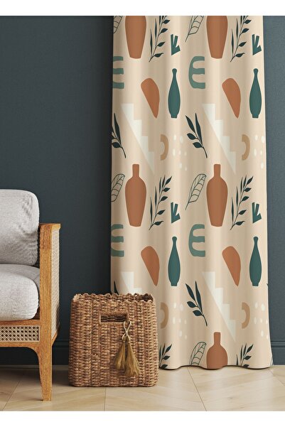 ALAMODECOR Krem Ve Kahverengi Bohem Vazo Ve Yaprak Etnik Desenli Baskılı Fon ...