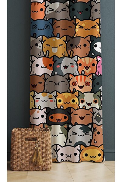 ALAMODECOR Kedi Model Karışık Renkli Tek Kanat Genç Odası Fon Perde