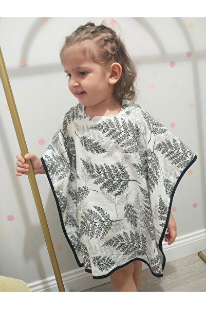 Majkabeba Müslin Panço Bornoz, Siyah Yapraklar Desenli Kapüşonlu, 60x50cm