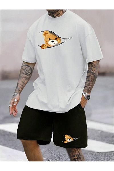 Mythologie Bear Printed Λευκό Μαύρο Oversize T-Shirt και σορτς - Crew Neck