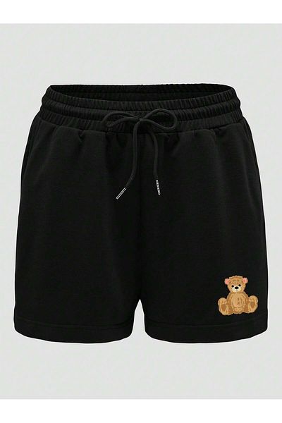 Mythologie Pantaloni scurți cu imprimeu Urs Negru, cu talie înaltă și buzunar tricotat