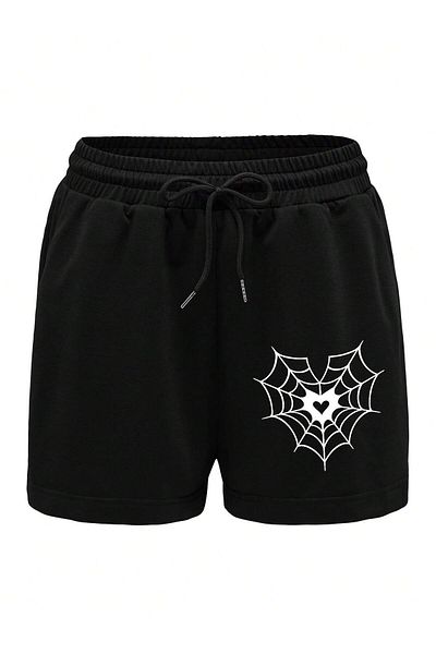 Mythologie Pantaloni scurți negri imprimați, cu talie înaltă și buzunar tricotat