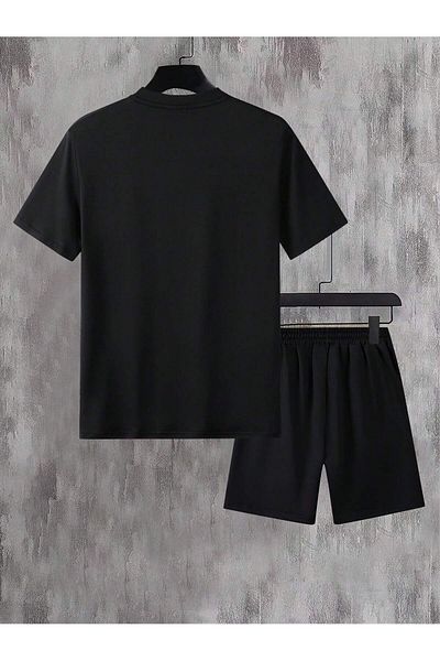 Mythologie Black Striped Oversize T-Shirt and Shorts Set - Crew Neck