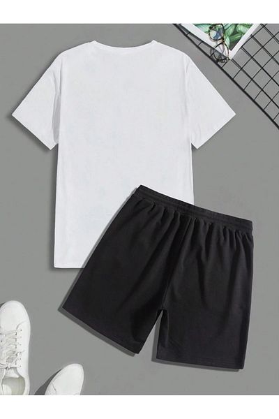 modaberry White Black Logo T-shirt and Shorts - Crew Neck Set