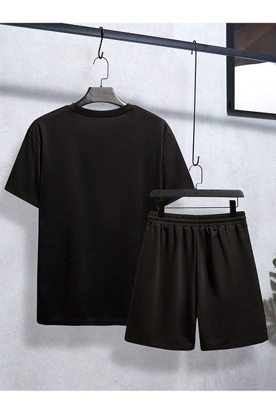 Mythologie Smile Printed Black Oversize T-Shirt and Shorts Set - Crew Neck