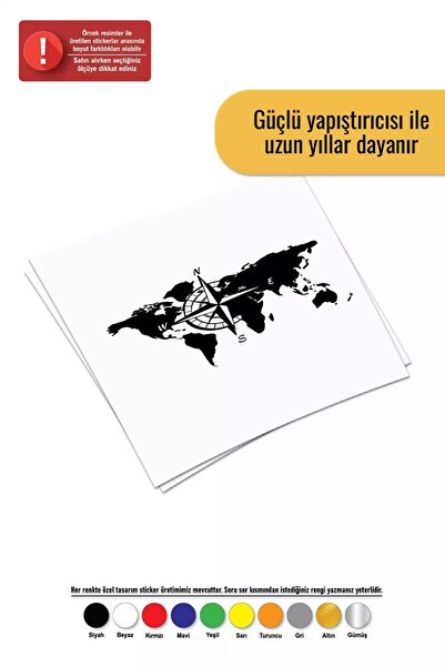 Genel Markalar Pusulalı Dünya Haritası Sticker Oto Motor Laptop Duvar Folyo S...
