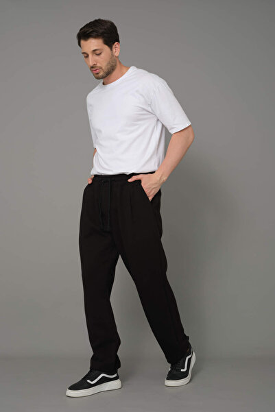 DARK AND BRIGHT Men's Boyfriend Style Loose Pleated Trousers - Elastic Waist and Corded Leg