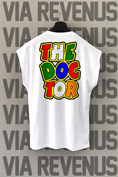 Vordevia Tricou alb de fitness - imprimeu pe spate The Doctor, mâneci zero