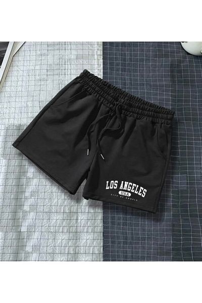 Mythologie Los Angeles SUA - Pantaloni scurți din bumbac pieptănat cu imprimeu negru, cu buzunare