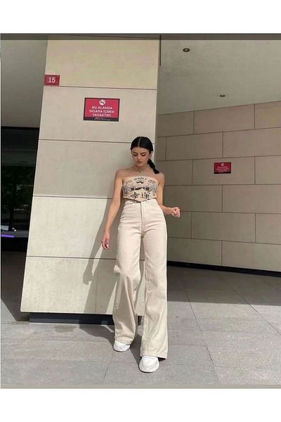 LAMİRAMOOD Pantaloni de damă Palazzo din denim bej cu talie înaltă - 100%