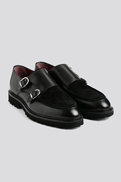 Salva Siyah Deri ve Süet Kombin Monk strap