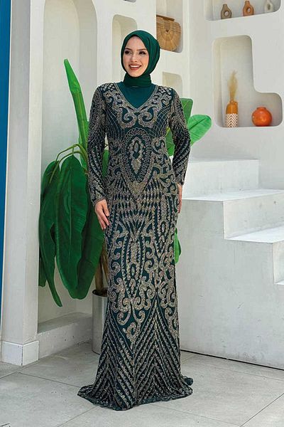 Bym Fashion فستان سهرة بنمط عرقي مطرز بأحجار الزمرد - 7278i